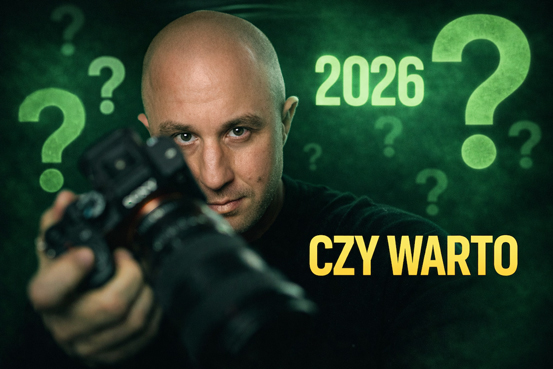 Paweł Niedźwiedź z aparatem na miniaturze poradnika o nauce filmowania