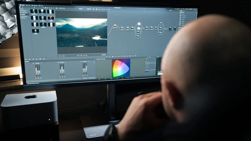 Paweł Niedźwiedź pracujący nad kolorem filmu w DaVinci Resolve