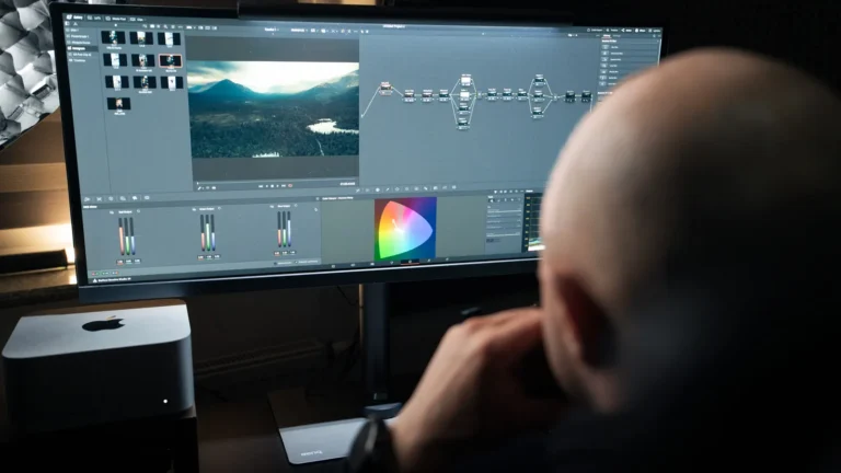 Paweł Niedźwiedź pracujący nad kolorem filmu w DaVinci Resolve