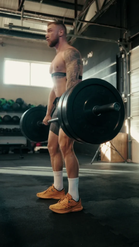 An athlete from @klub5rano using a barbell during HYROX training