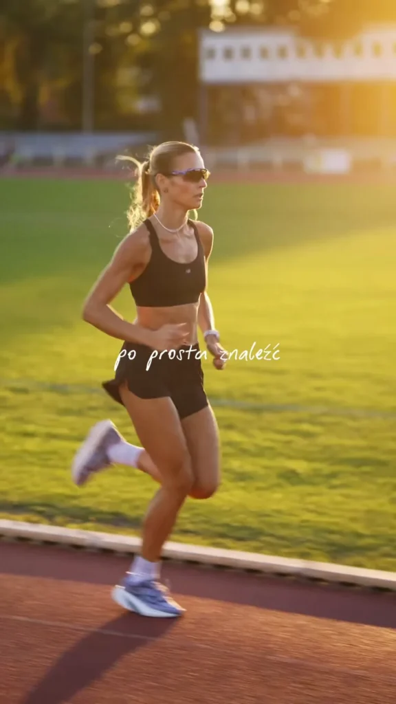 Biegaczka w stroju New Balance podczas treningu na stadionie